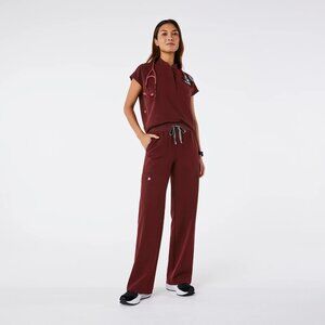 Figs High Waisted Isabel Wide Leg Scrub Pants in Burgundy, Size Large